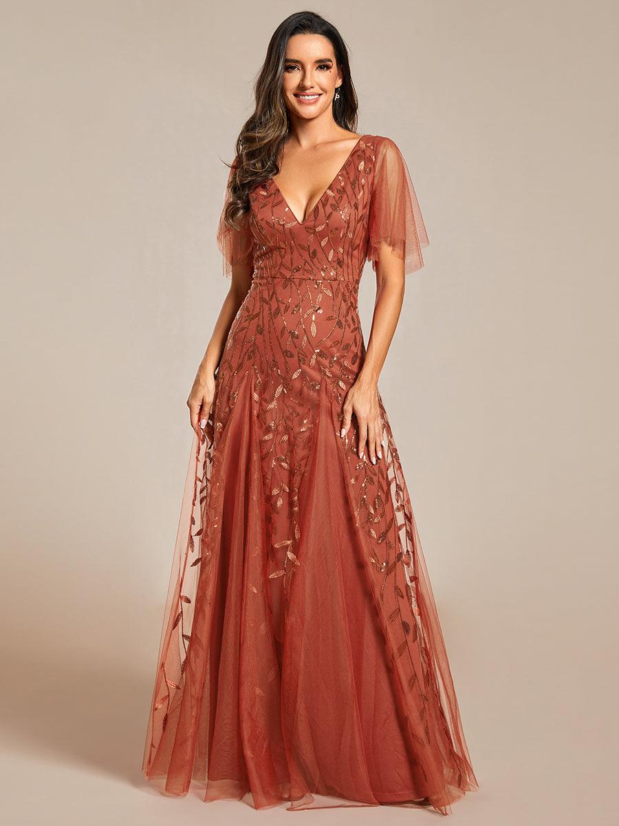 Robe de Soirée Longue Romantique et Scintillante à Col V et Pailletes #Couleur_Burnt Orange