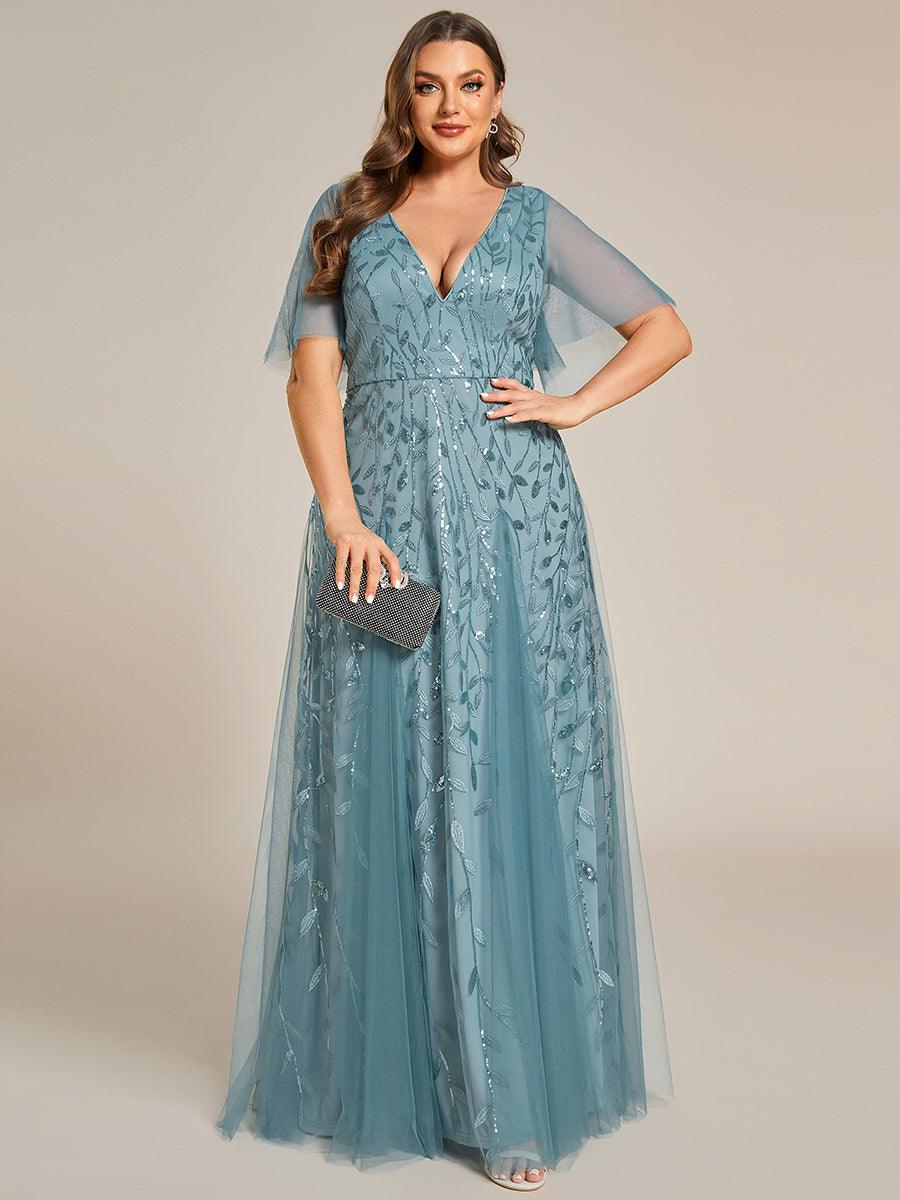 Grande Taille Robe de Soirée Romantique Scintillante à col en V et Manches à Volants #Couleur_Bleu Fume