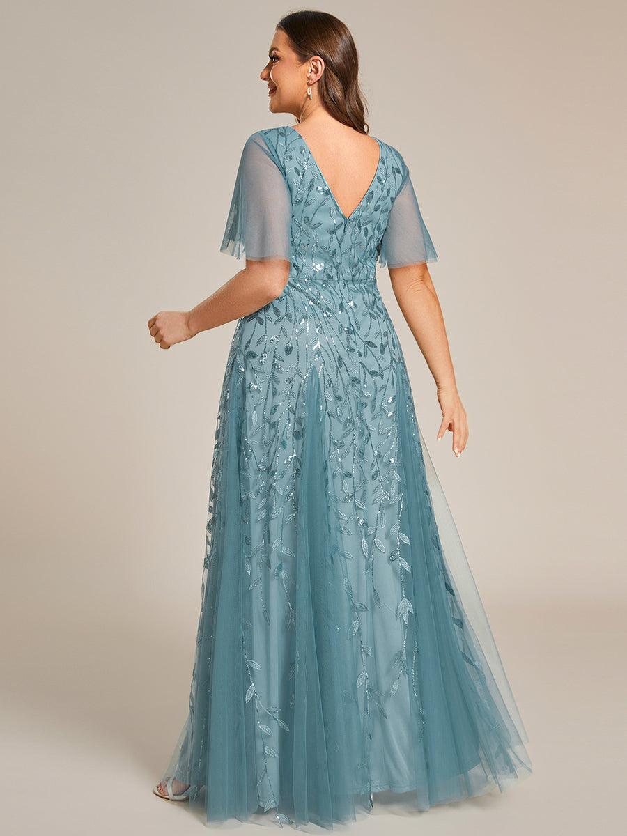 Grande Taille Robe de Soirée Romantique Scintillante à col en V et Manches à Volants #Couleur_Bleu Fume