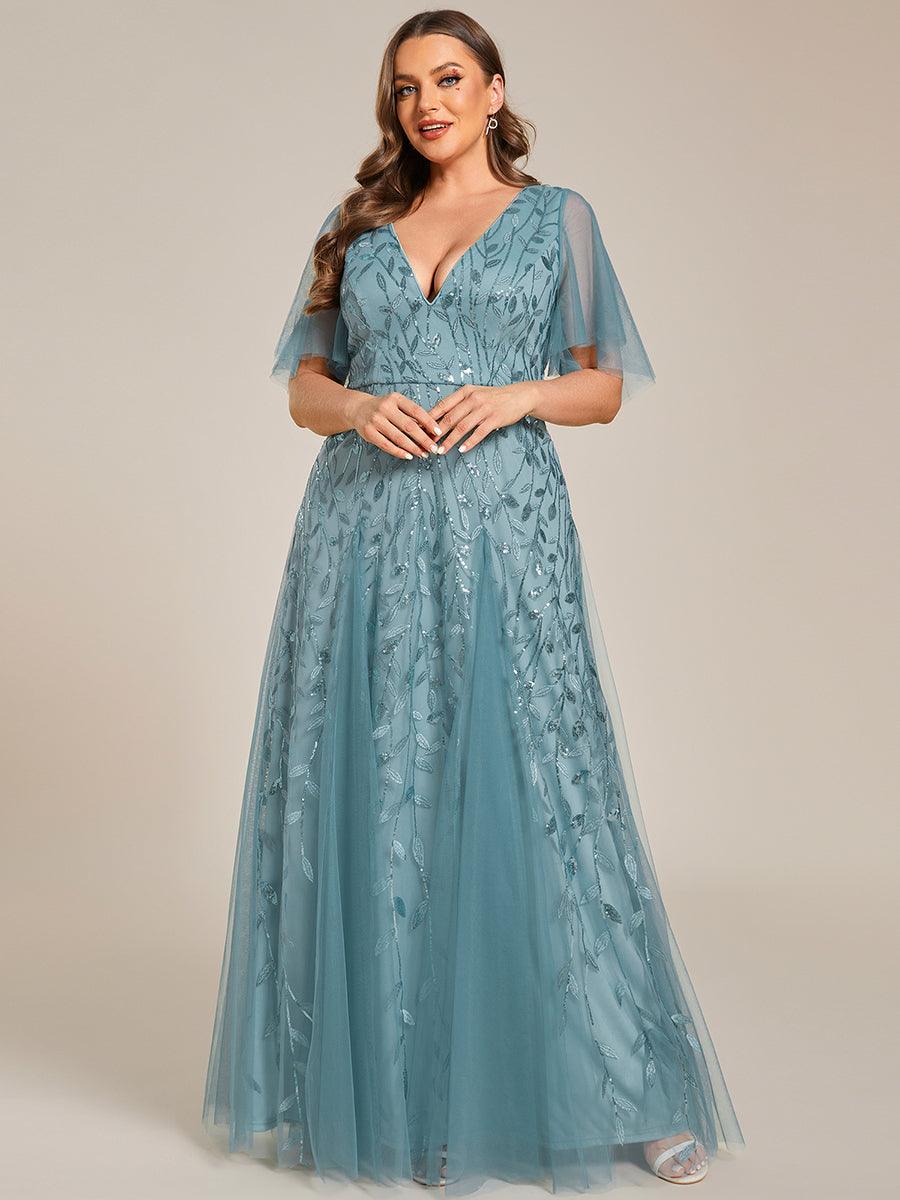 Grande Taille Robe de Soirée Romantique Scintillante à col en V et Manches à Volants #Couleur_Bleu Fume
