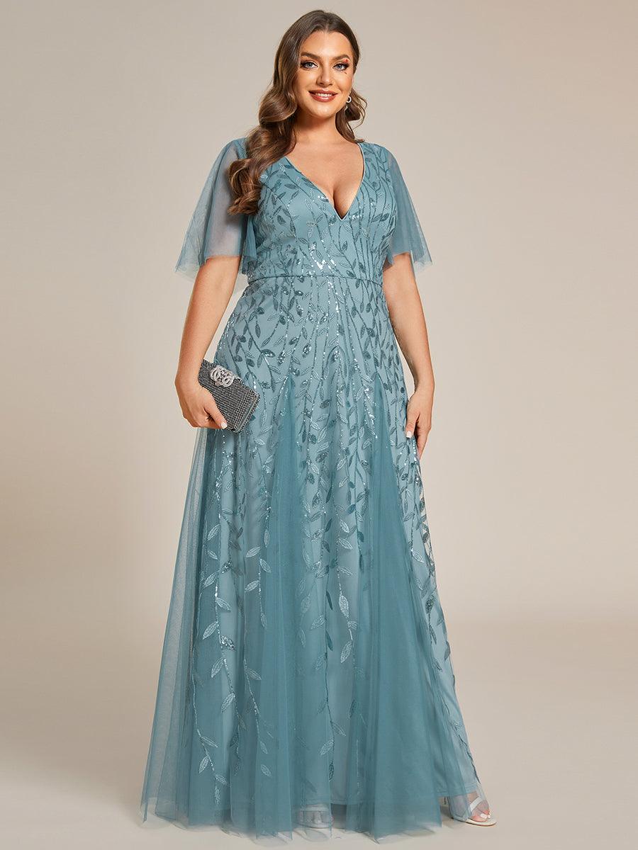 Grande Taille Robe de Soirée Romantique Scintillante à col en V et Manches à Volants #Couleur_Bleu Fume