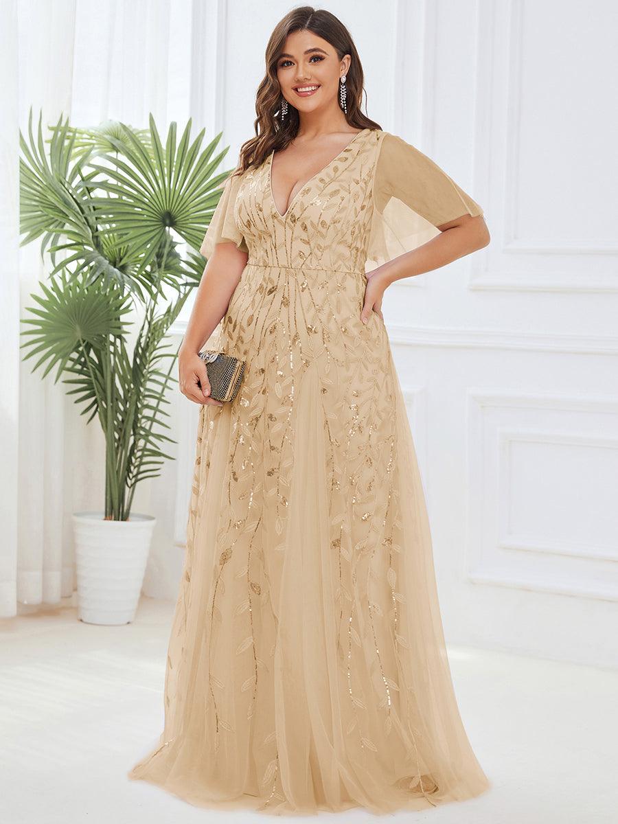 Grande Taille Robe de Soirée Romantique Scintillante à col en V et Manches à Volants #Couleur_Or