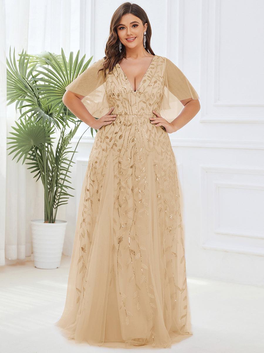 Grande Taille Robe de Soirée Romantique Scintillante à col en V et Manches à Volants #Couleur_Or