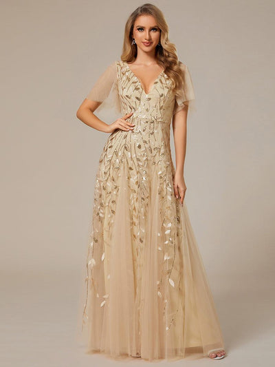 ever ASTRAL|Robe de soirée de mariage à col en V et manches à volants