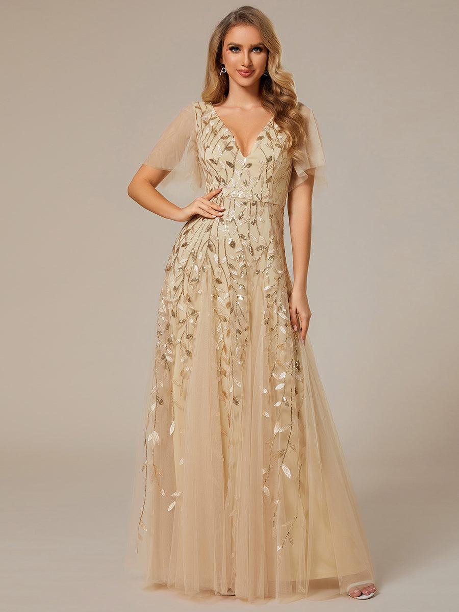 Robe d'Invité de Superbe Mariage Longue à Col en V et Manches à Volants #Couleur_Or