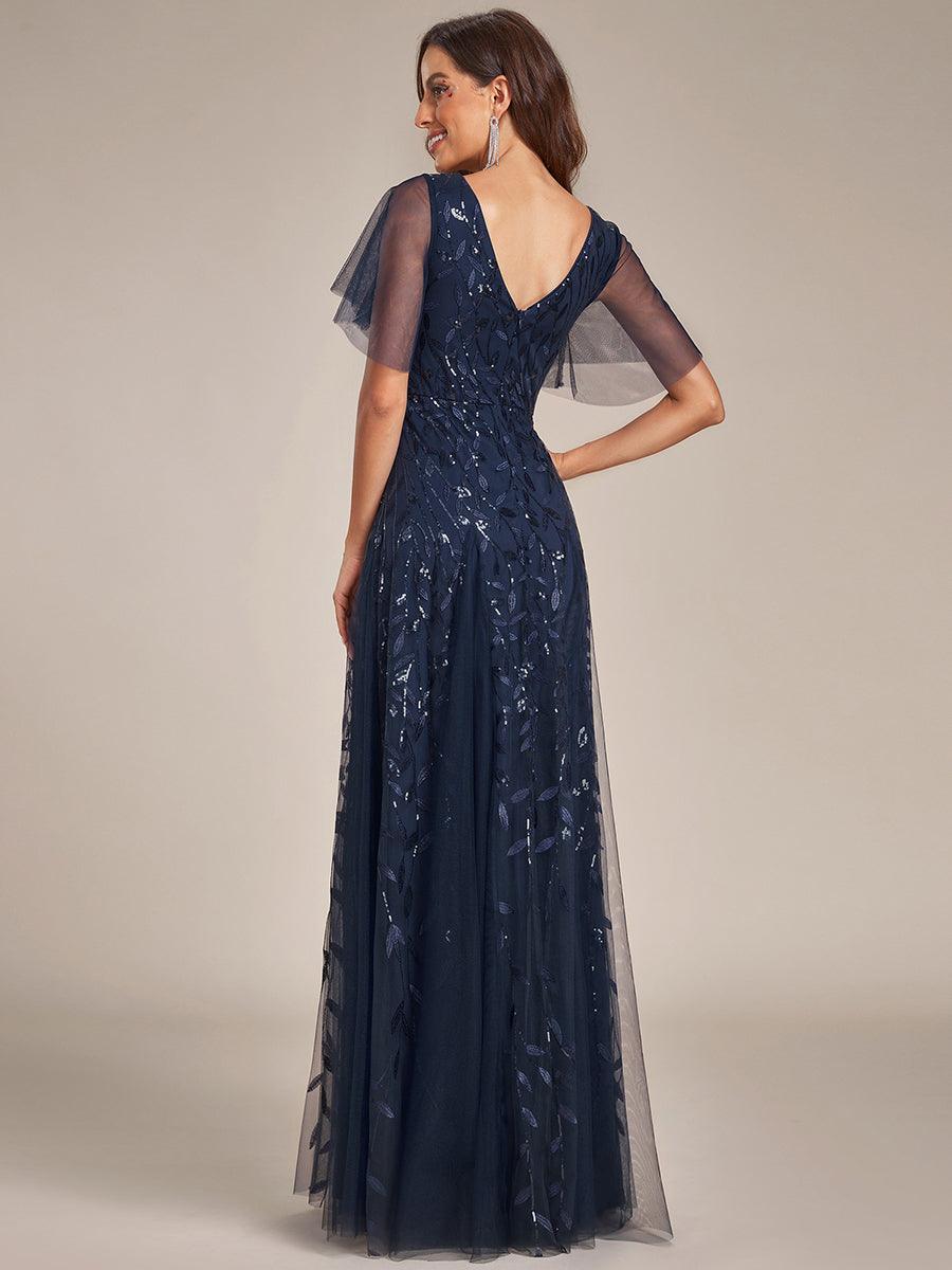 Robe de Soirée Longue Romantique et Scintillante à Col V et Pailletes #Couleur_Bleu Marine