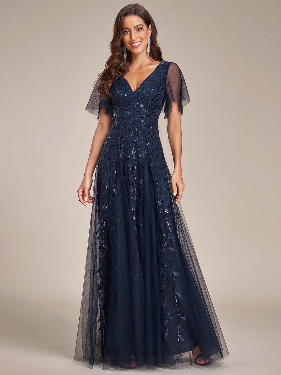 Robe de Soirée Longue Romantique et Scintillante à Col V et Pailletes #Couleur_Bleu Marine