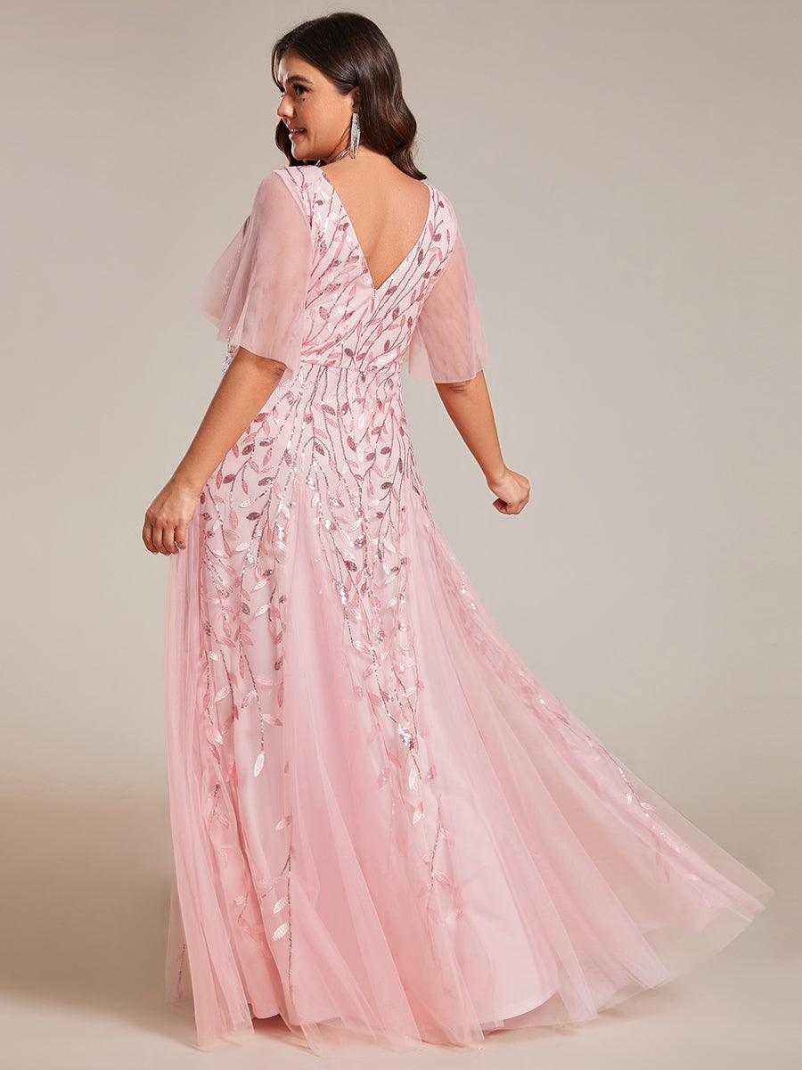 Grande Taille Robe de Soirée Romantique Scintillante à col en V et Manches à Volants #Couleur_Rose