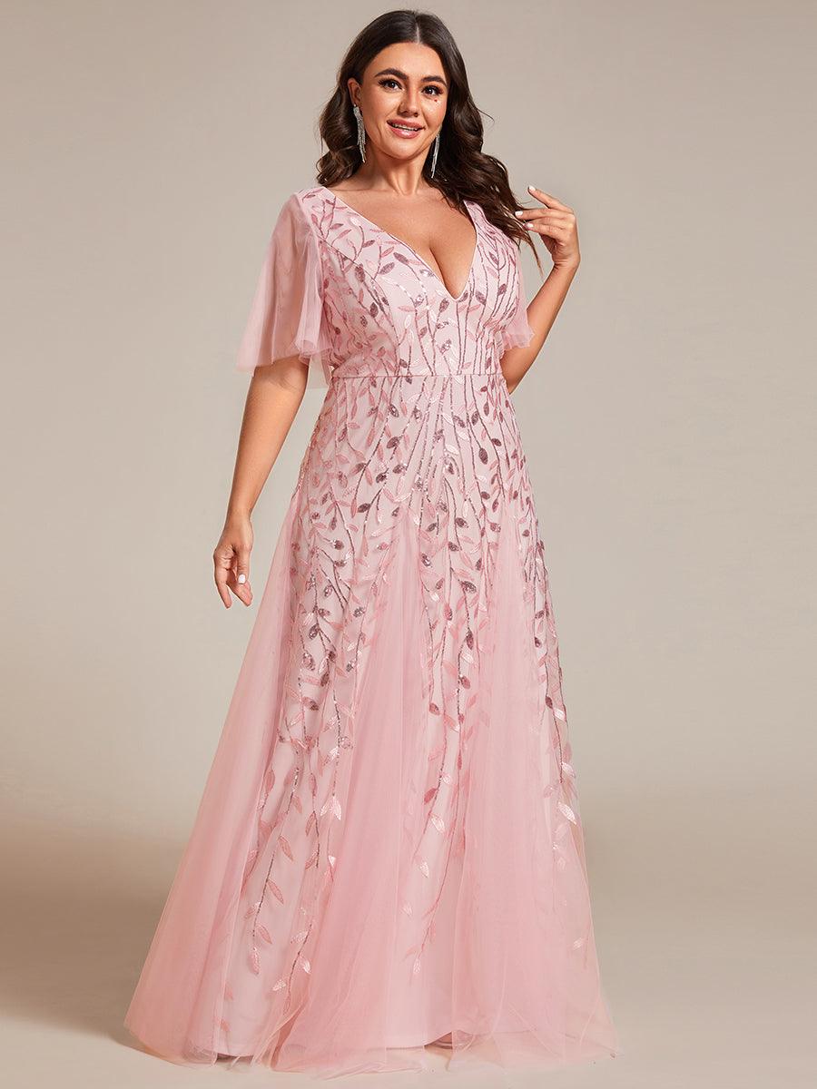 Grande Taille Robe de Soirée Romantique Scintillante à col en V et Manches à Volants #Couleur_Rose