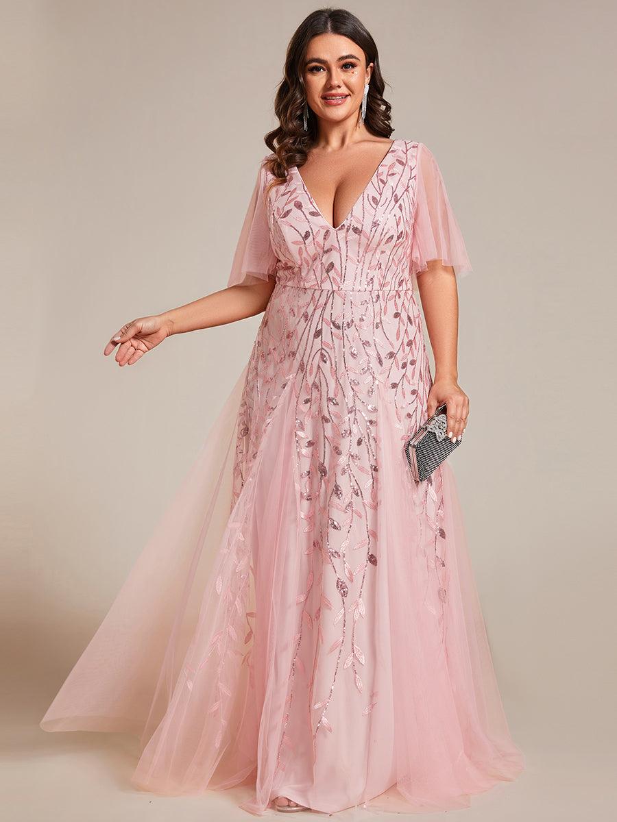 Grande Taille Robe de Soirée Romantique Scintillante à col en V et Manches à Volants #Couleur_Rose