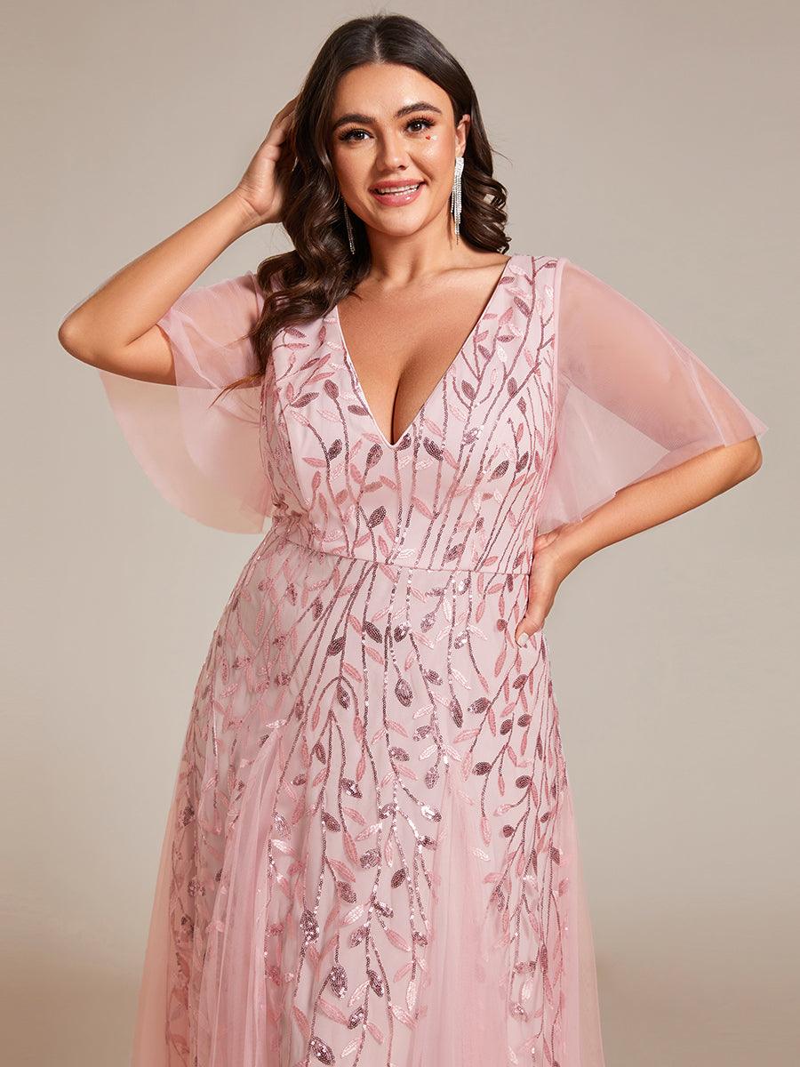 Grande Taille Robe de Soirée Romantique Scintillante à col en V et Manches à Volants #Couleur_Rose