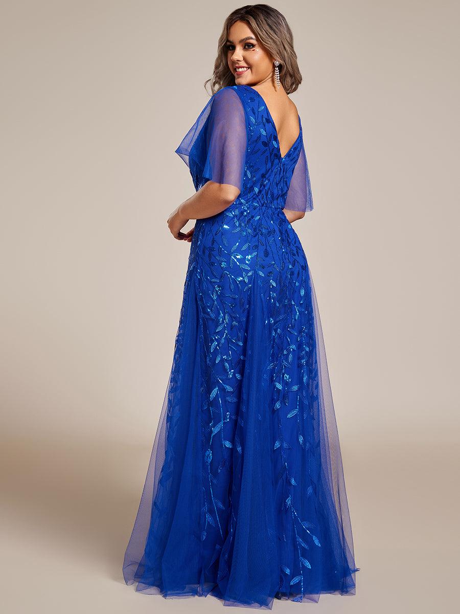 Robe de Soirée Longue Romantique et Scintillante à Col V et Pailletes #Couleur_Bleu Saphir