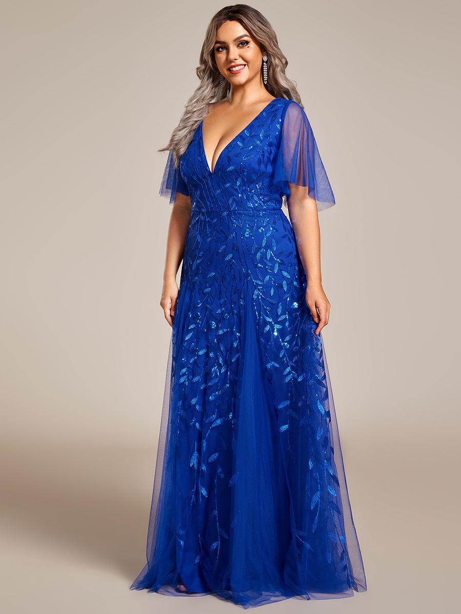 Robe de Soirée Longue Romantique et Scintillante à Col V et Pailletes #Couleur_Bleu Saphir