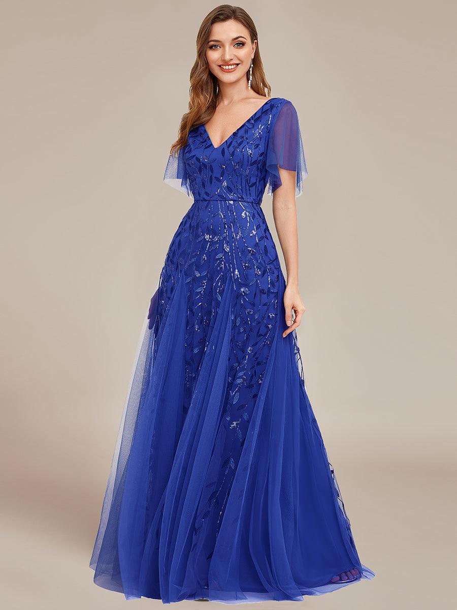 Robe de Soirée Longue Romantique et Scintillante à Col V et Pailletes #Couleur_Bleu Saphir