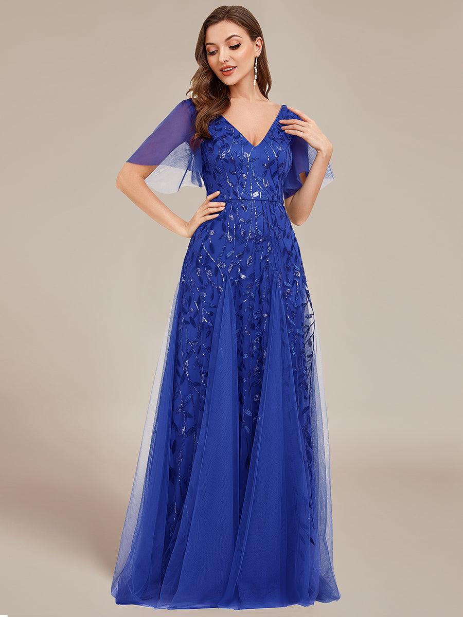 Robe de Soirée Longue Romantique et Scintillante à Col V et Pailletes #Couleur_Bleu Saphir