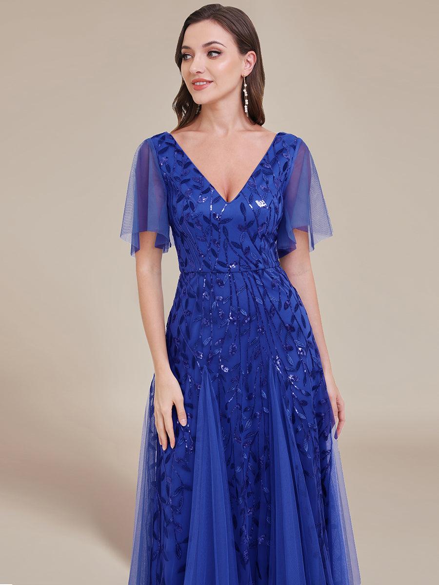 Robe de Soirée Longue Romantique et Scintillante à Col V et Pailletes #Couleur_Bleu Saphir