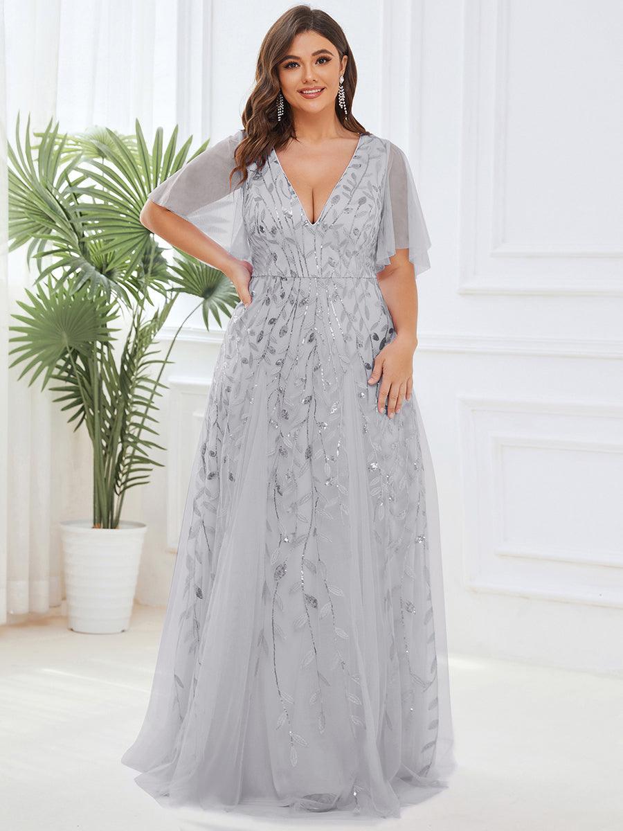 Grande Taille Robe de Soirée Romantique Scintillante à col en V et Manches à Volants #Couleur_Argent