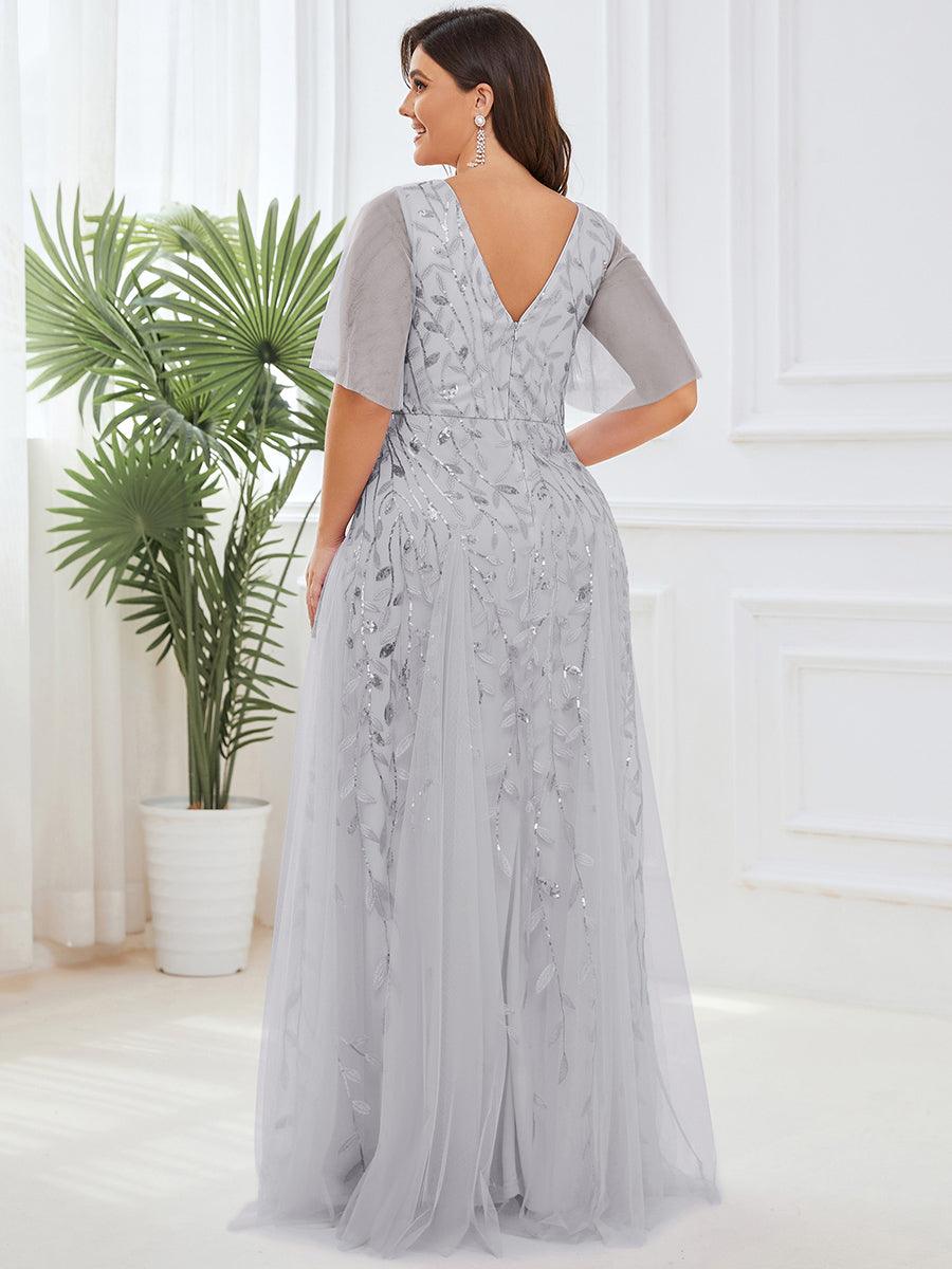 Grande Taille Robe de Soirée Romantique Scintillante à col en V et Manches à Volants #Couleur_Argent