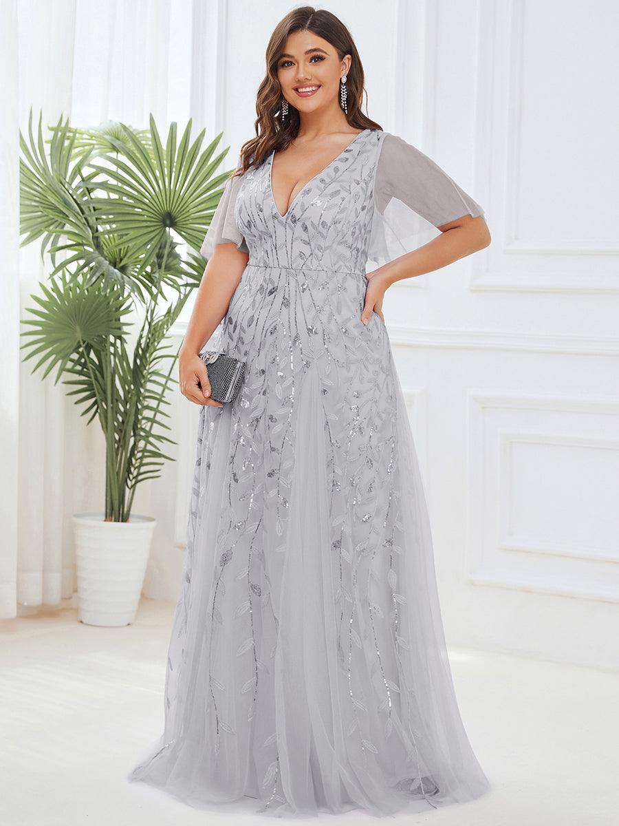 Grande Taille Robe de Soirée Romantique Scintillante à col en V et Manches à Volants #Couleur_Argent