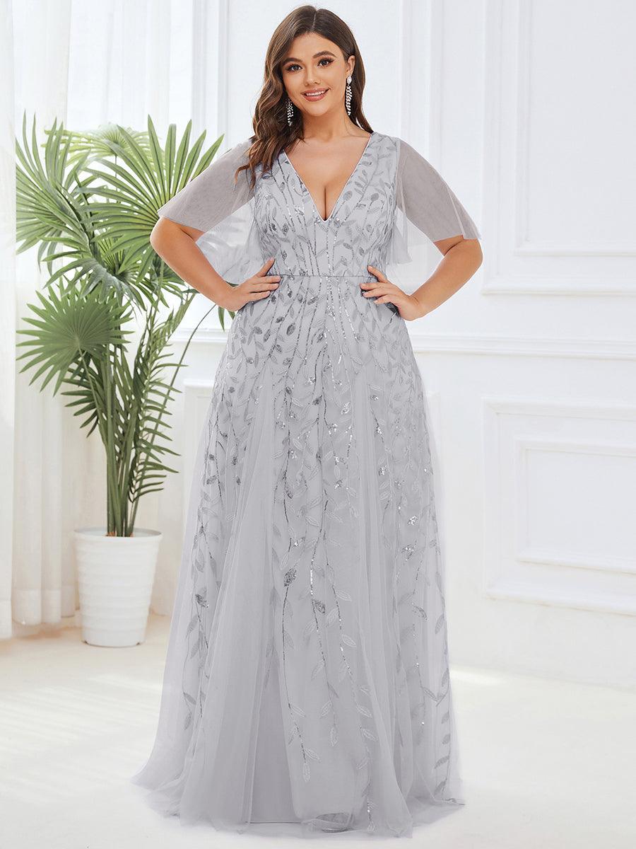 Grande Taille Robe de Soirée Romantique Scintillante à col en V et Manches à Volants #Couleur_Argent