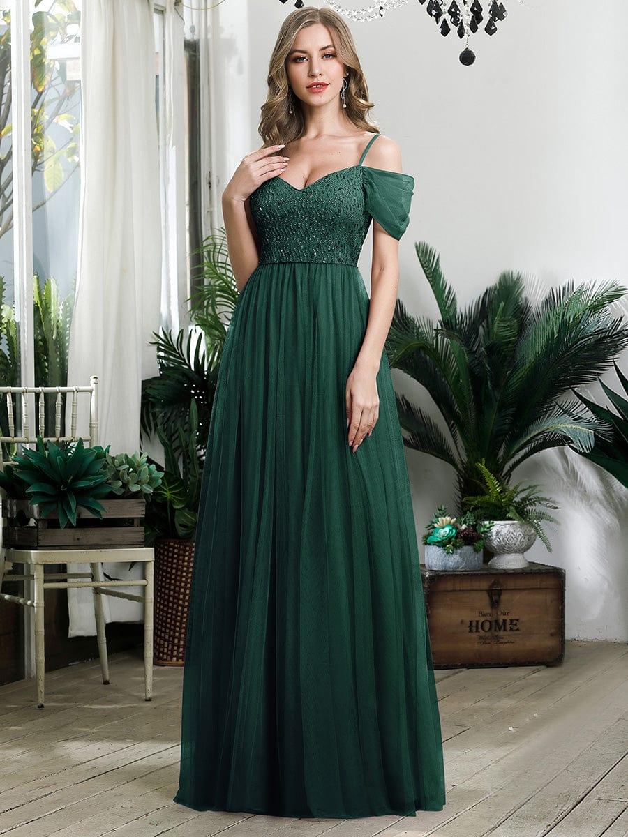 Robes de soirée en tulle avec corsage à épaules dénudées longue au sol #Couleur_Vert Fonce