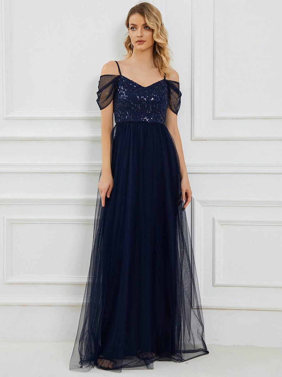 Robes de soirée en tulle avec corsage à épaules dénudées longue au sol #Couleur_Bleu Marine