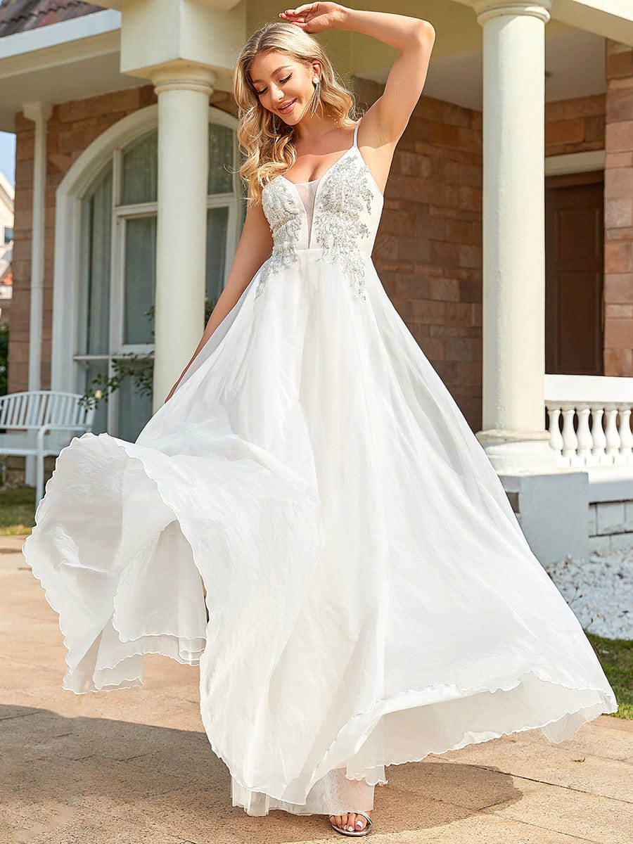 Color=Ivory | Robe de soirée A-ligne à paillettes en V profond à bretelles spaghetti-Ivory 3