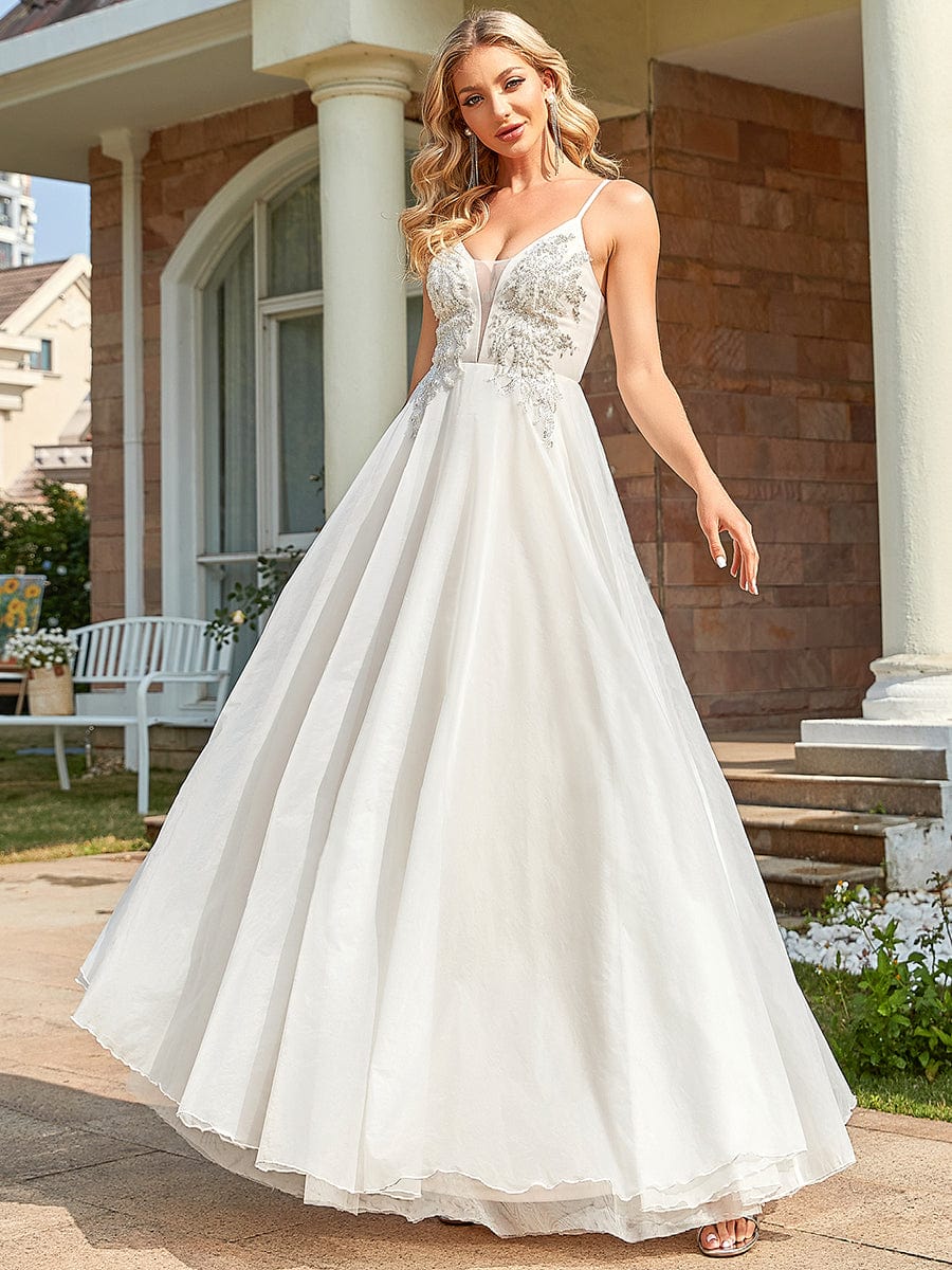 Color=Ivory | Robe de soirée A-ligne à paillettes en V profond à bretelles spaghetti-Ivory 4