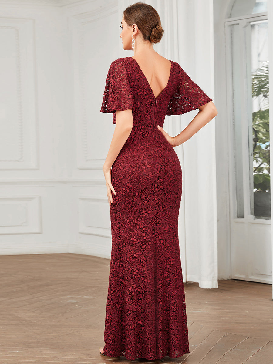 Robe de soirée moulante manches courtes dentelle brodée #Couleur_Bordeaux