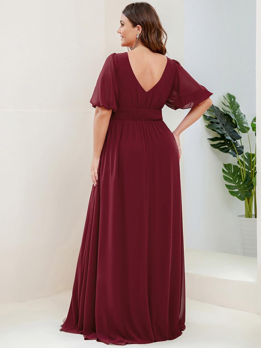 Robe de soirée Mousseline M manches courtes et col en V #Couleur_Bordeaux