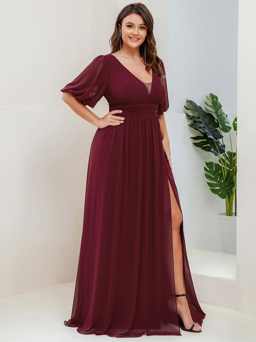 Robe de soirée Mousseline M manches courtes et col en V #Couleur_Bordeaux