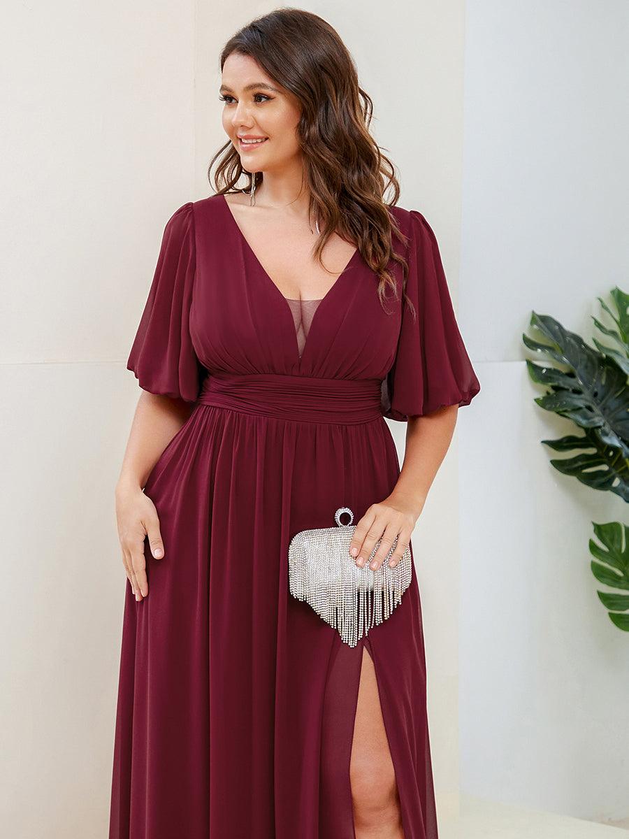 Robe de soirée Mousseline M manches courtes et col en V #Couleur_Bordeaux