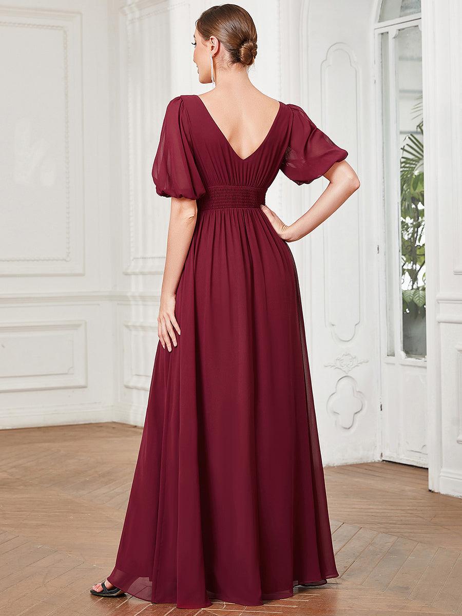Taille personnalisée Robe de soirée Mousseline Manches courtes col en V #Couleur_Bordeaux
