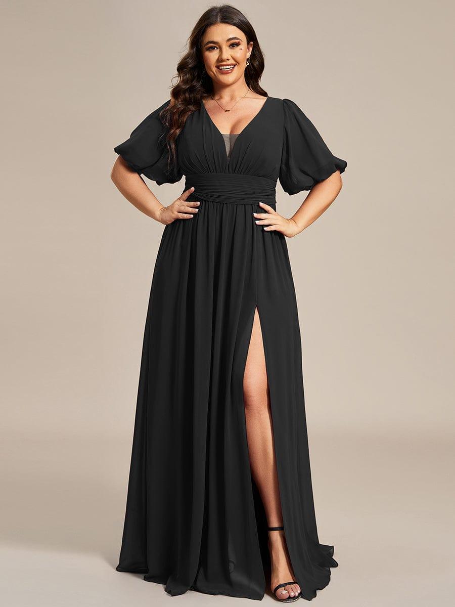 Robe de soirée Mousseline M manches courtes et col en V #Couleur_Noir