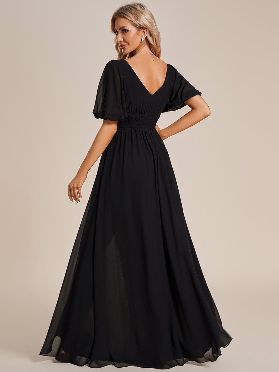 Robe de soirée Mousseline M manches courtes et col en V #Couleur_Noir