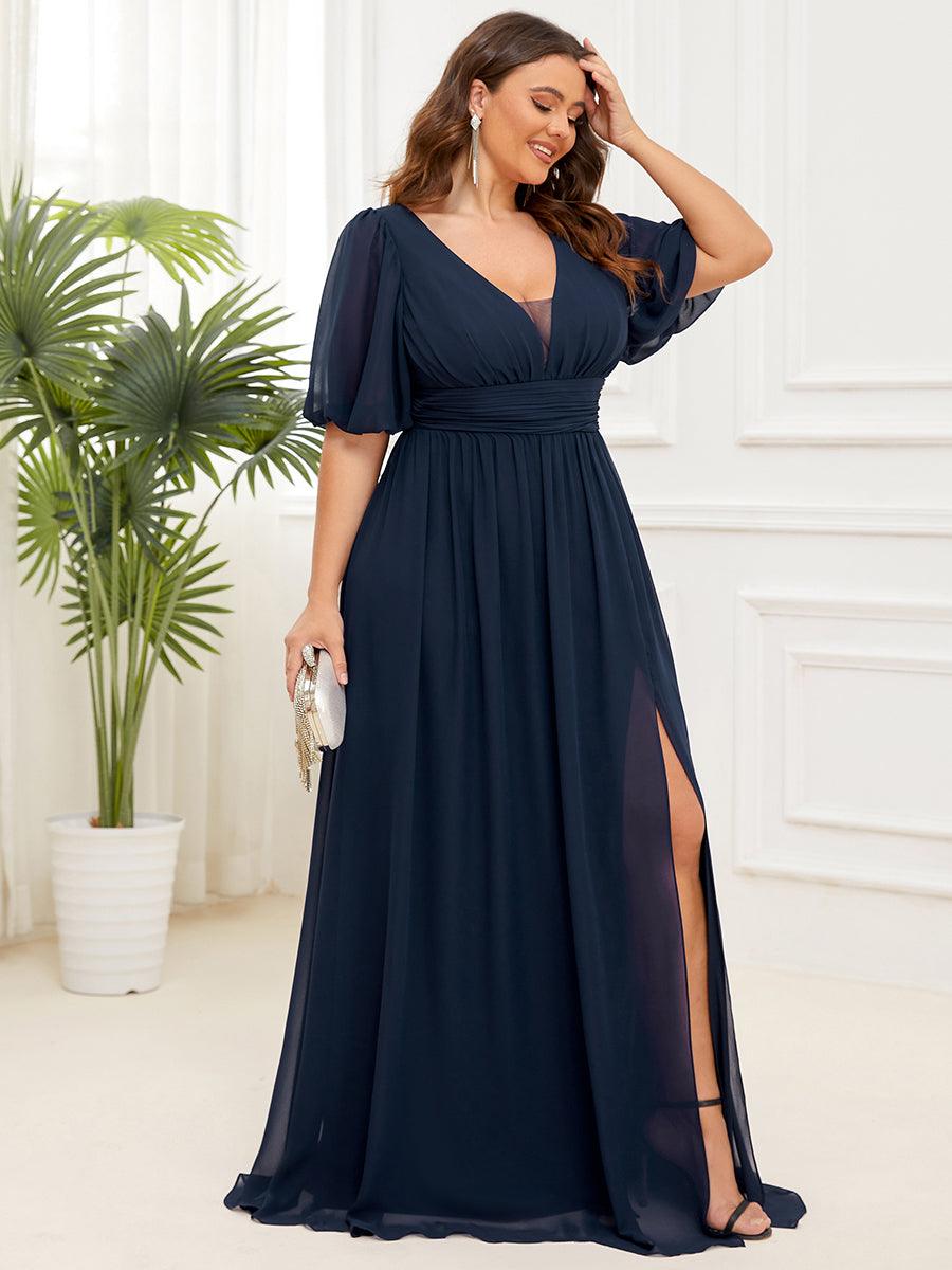 Robe de soirée Mousseline M manches courtes et col en V #Couleur_Bleu Marine