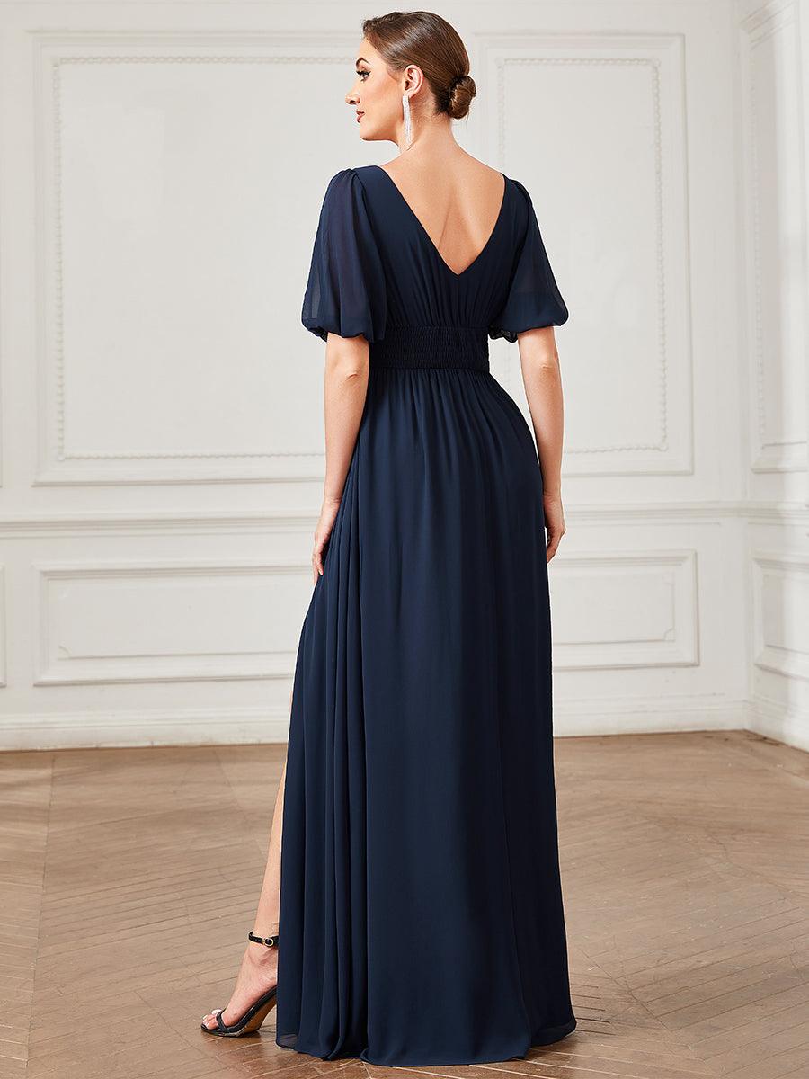 Robe de soirée Mousseline M manches courtes et col en V #Couleur_Bleu Marine