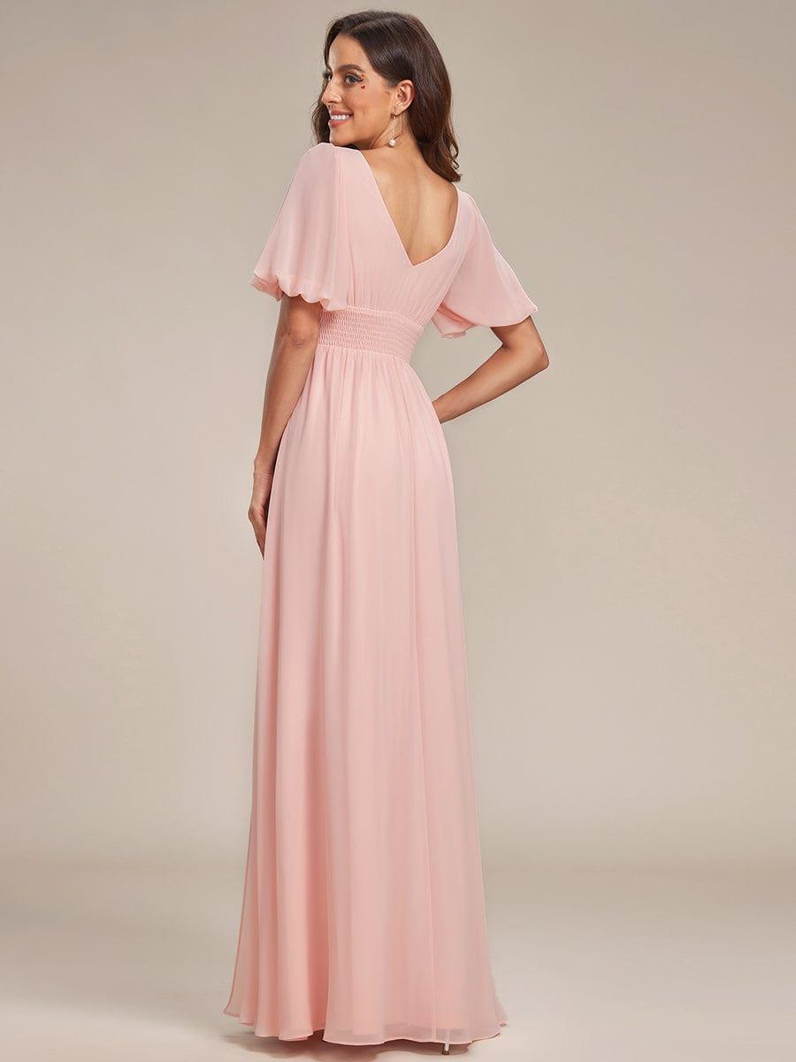 Taille personnalisée Robe de soirée Mousseline Manches courtes col en V #Couleur_Rose