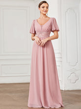 Robe de soirée Mousseline M manches courtes Col en V avec illusion #Couleur_Rose fumee