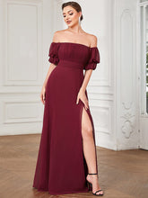 Robe de soirée Mousseline froncée à épaules dénudées #Couleur_Bordeaux