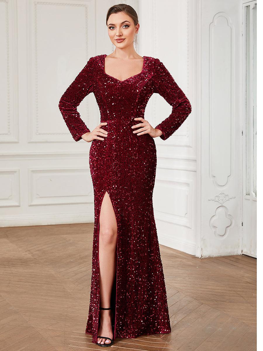 Robe de soirée fendue moulante Manches longues Sequins #Couleur_Bordeaux