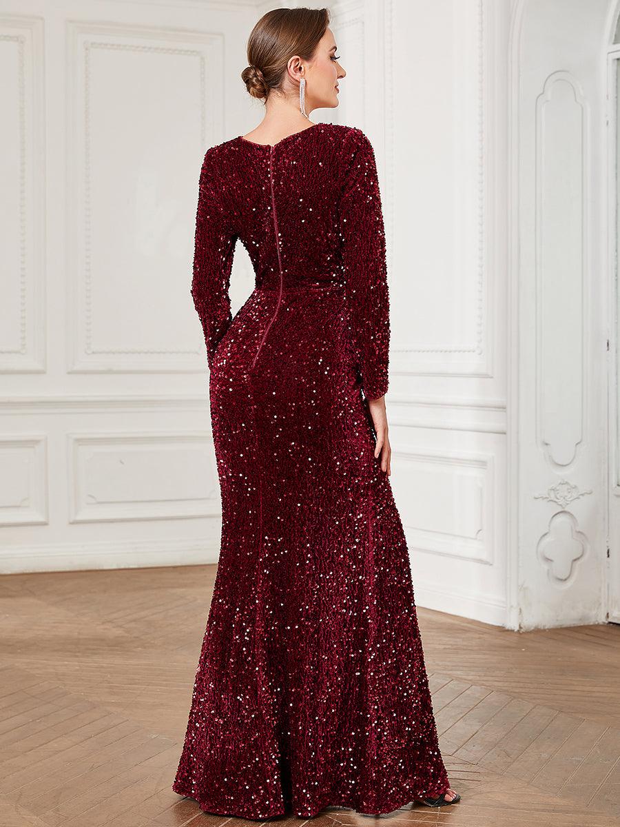 Robe de soirée fendue moulante Manches longues Sequins #Couleur_Bordeaux