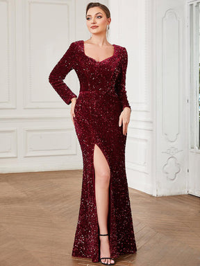 Robe de soirée fendue moulante Manches longues Sequins