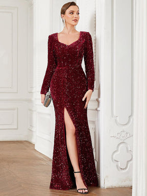 Robe de soirée fendue moulante Manches longues Sequins