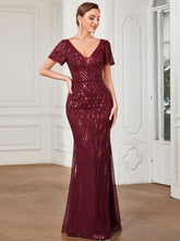 Robe de soirée moulante Manches courtes Col en V Illusion #Couleur_Bordeaux