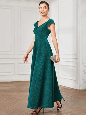 Robe de soirée trapèze plissée à manches courtes et col en V