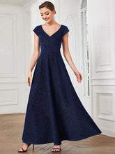 Robe de soirée trapèze plissée à manches courtes et col en V #Couleur_Bleu Marine