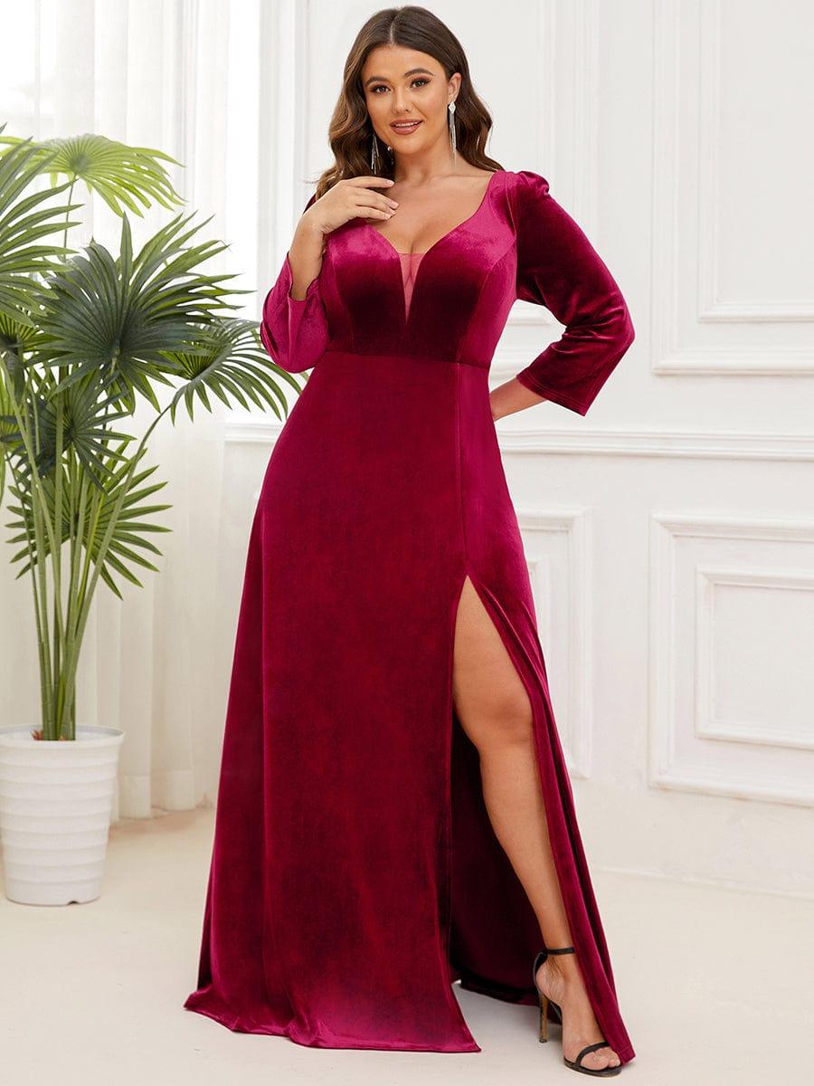 Robe de Soirée en Velours Col en V Plongeant Fendue Grande Taille #Couleur_Bordeaux