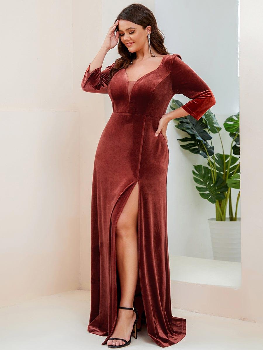 Robe de Soirée en Velours Col en V Plongeant Fendue Grande Taille