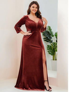 Robe de Soirée en Velours Col en V Plongeant Fendue Grande Taille